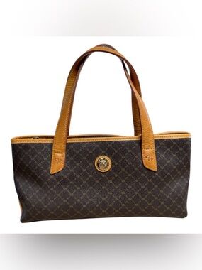 RIONI East-West Monogram Signature Vachetta Leather Brown Canvas Tote 12x6x3